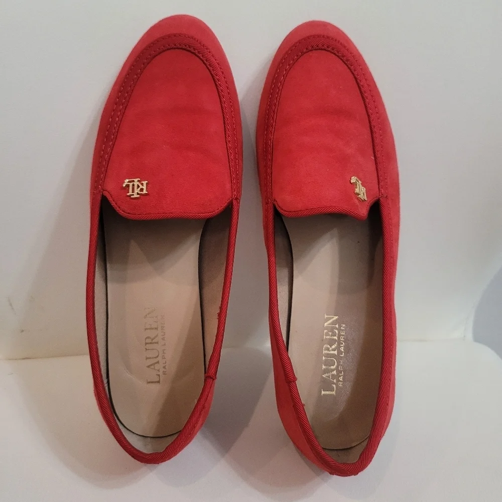 Ralph Lauren Red Suede Flats Clair Suede Smoking Slipper Size 7B/37